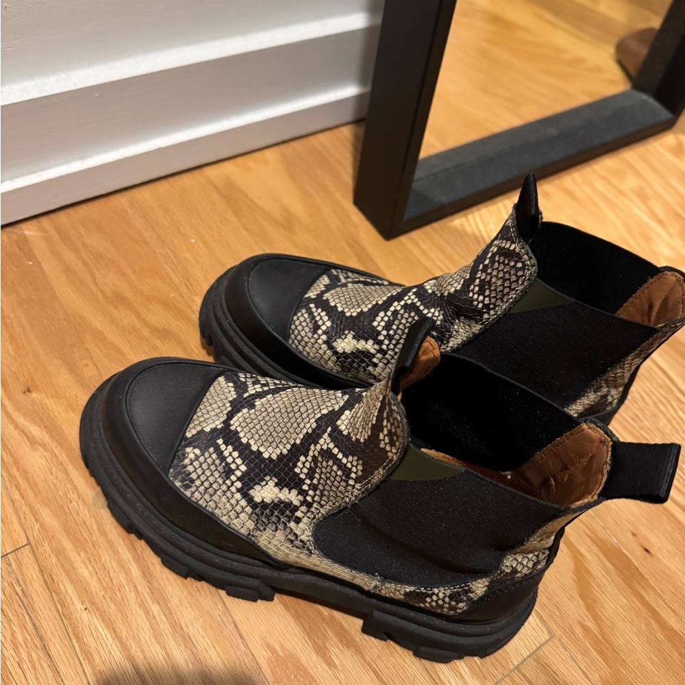 Ganni snakeskin print leather ankle boots